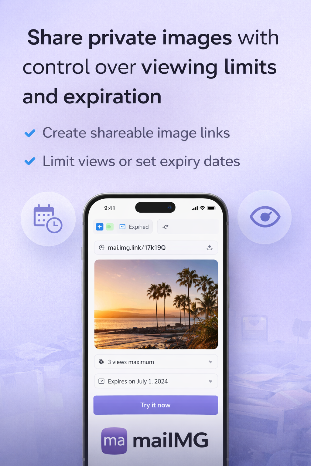 View limit and expiry settings for an image share